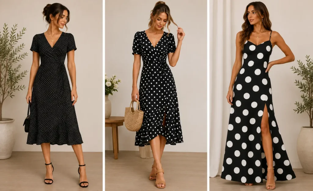 Comparison of small, medium, and large polka dot dresses on different fashion styles.