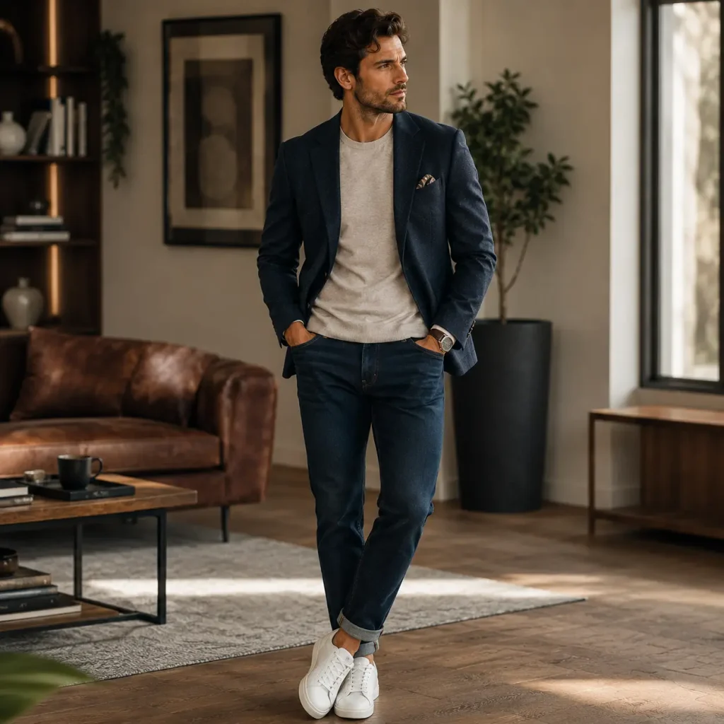 Man wearing a tailored blazer, knit top, dark jeans, and white sneakers in a versatile smart casual outfit.