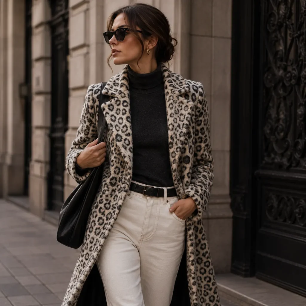 Chic winter fashion featuring snowy leopard print and statement styling.