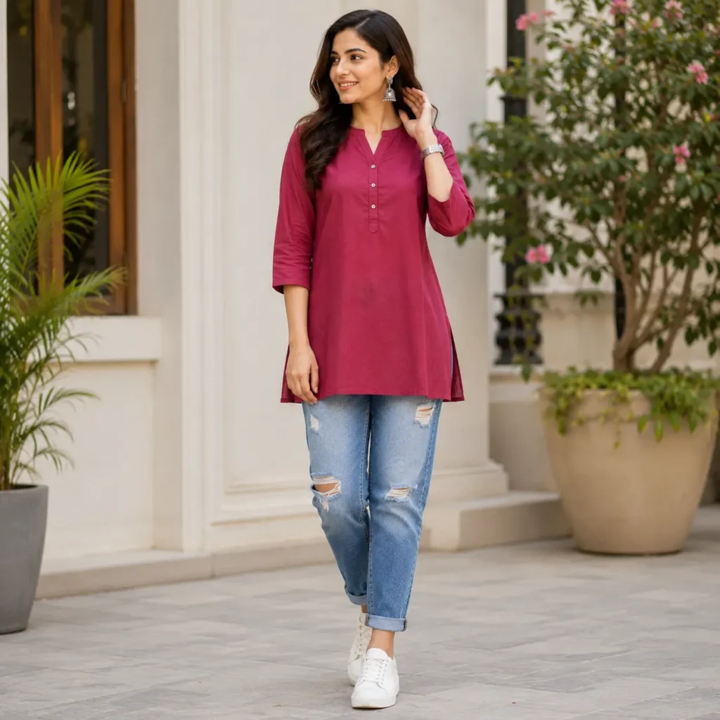 Solid-color short kurti with ripped distressed jeans outfit