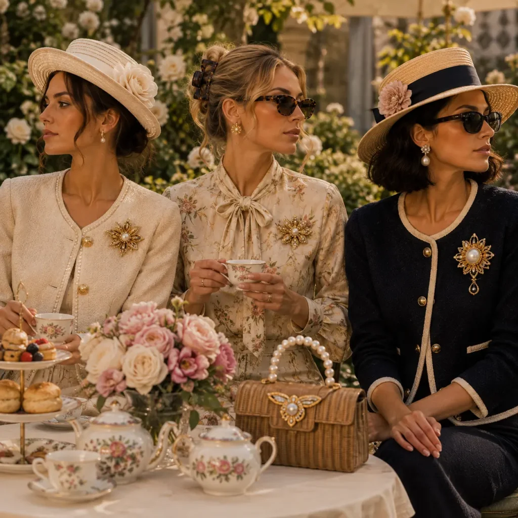 Elegant garden-party fashion featuring statement brooches, floral hats, pearls, and vintage accessories.