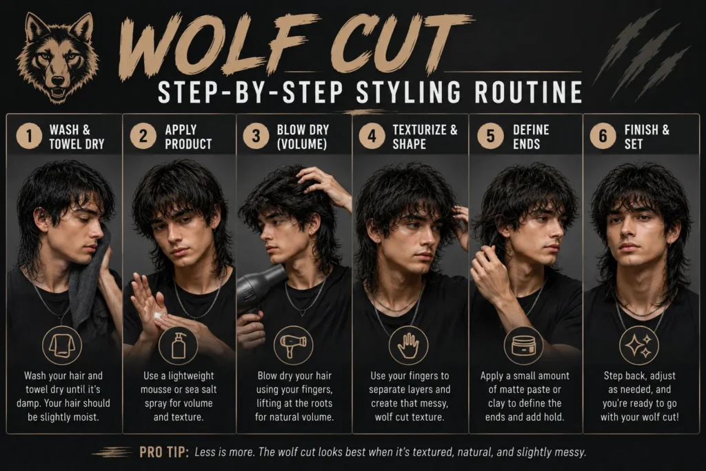 Step-by-step routine for styling a textured men's wolf cut hairstyle