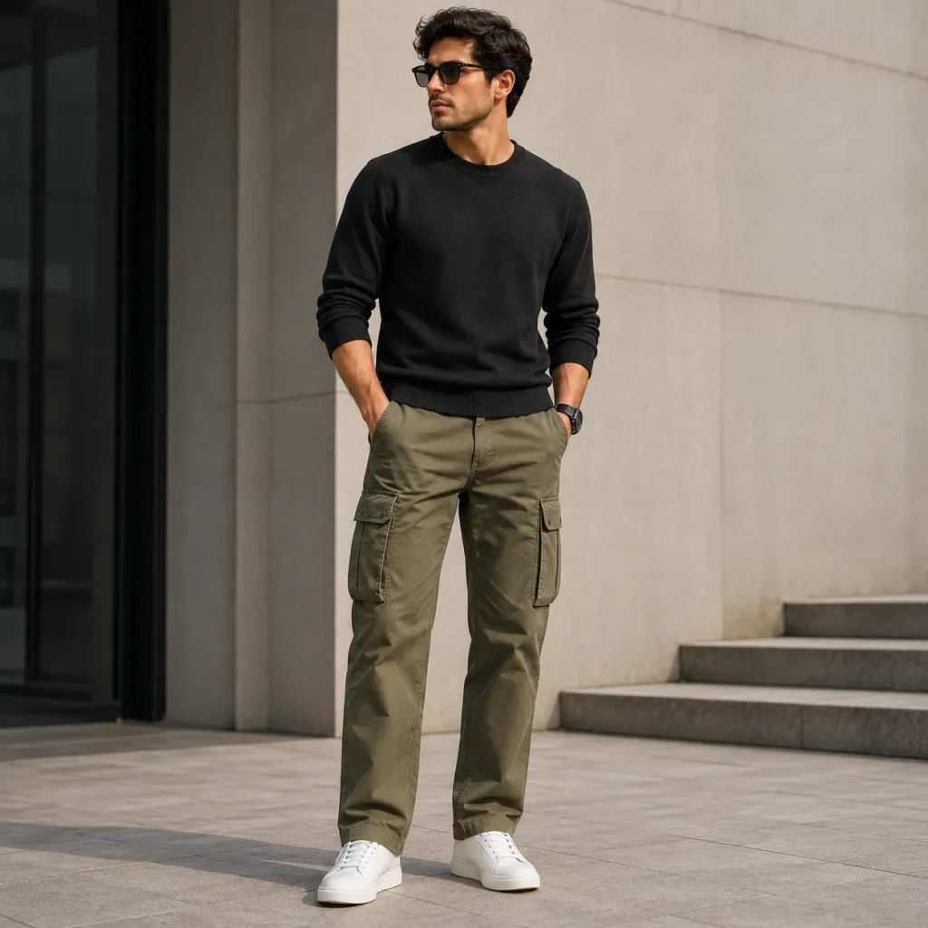 Young man wearing straight leg olive cargo pants with a black sweater and white sneakers outside a modern building.