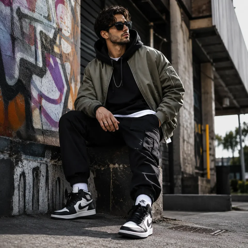 Man wearing an oversized black hoodie, olive bomber jacket, cargo pants, and statement sneakers in an urban streetwear look.