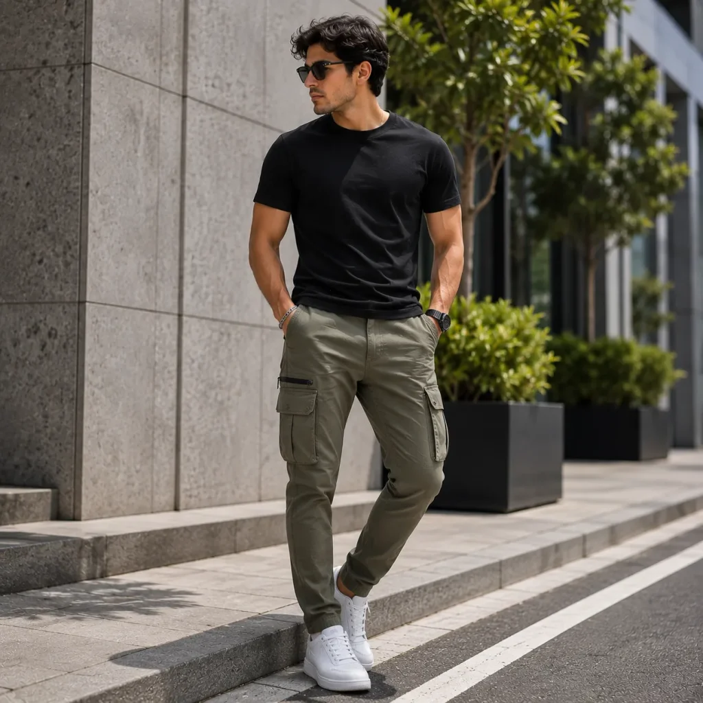 Young man wearing olive stretch cargo pants with a fitted black T-shirt and white sneakers on a modern city sidewalk.