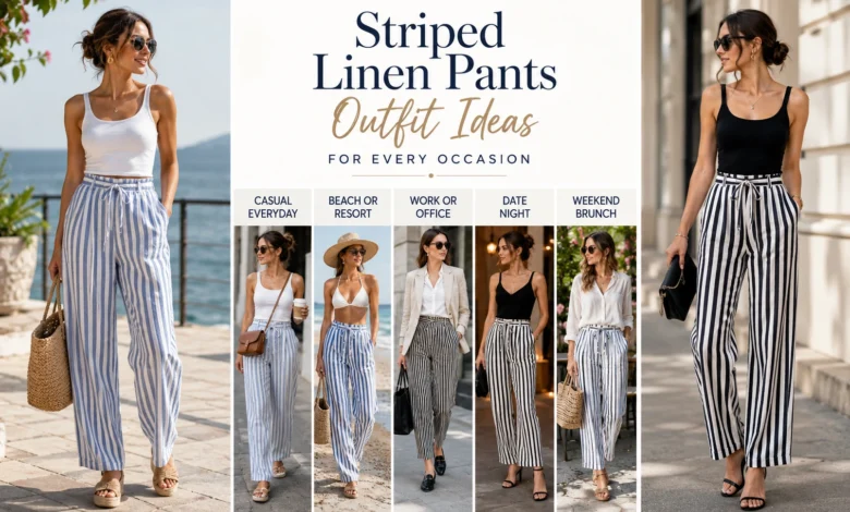 Striped linen pants outfit ideas for women in stylish summer looks