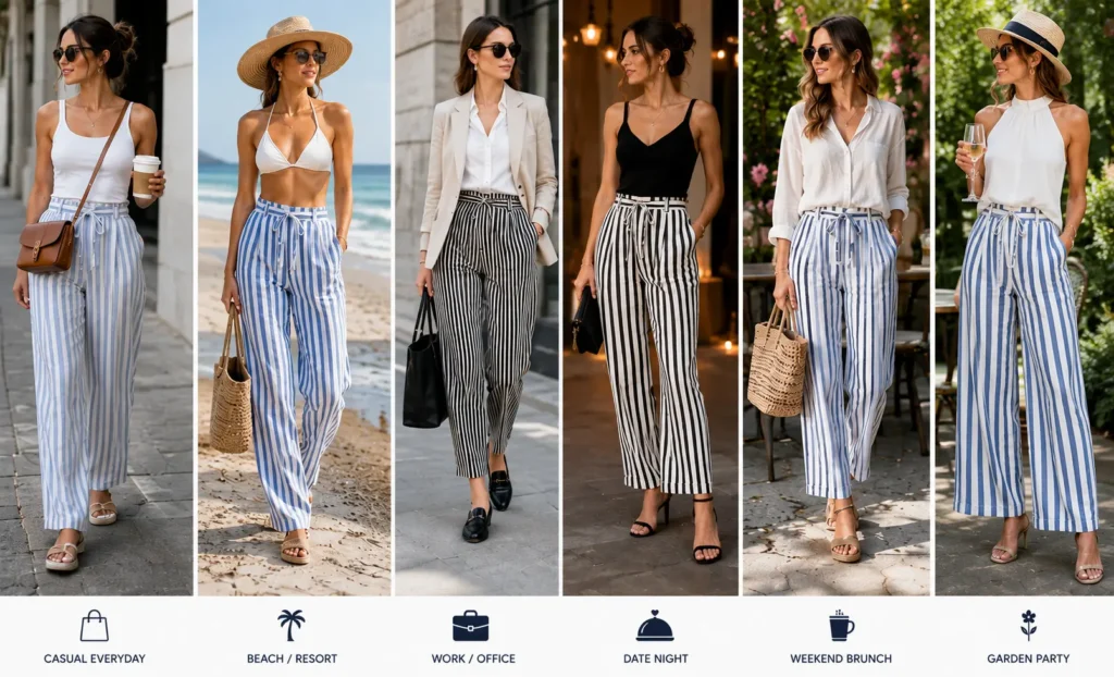 Striped linen pants styled for casual, beach, office, date night, brunch, and garden party outfits