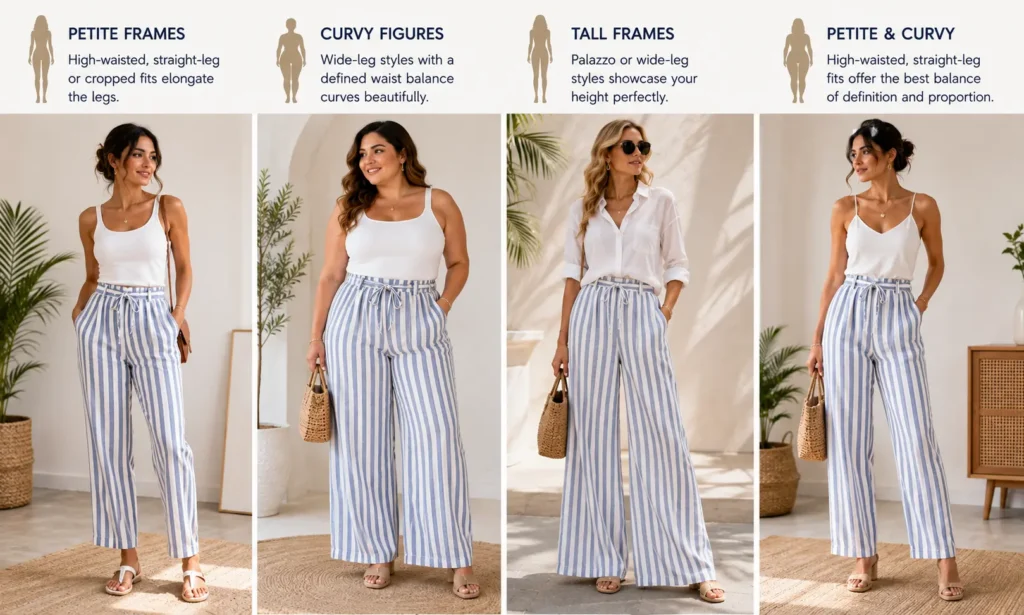 Striped linen pants styled on petite, curvy, tall, and petite-curvy body types