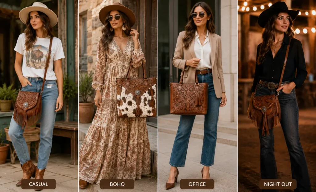 Women styling western bags with casual, boho, office, and evening outfits