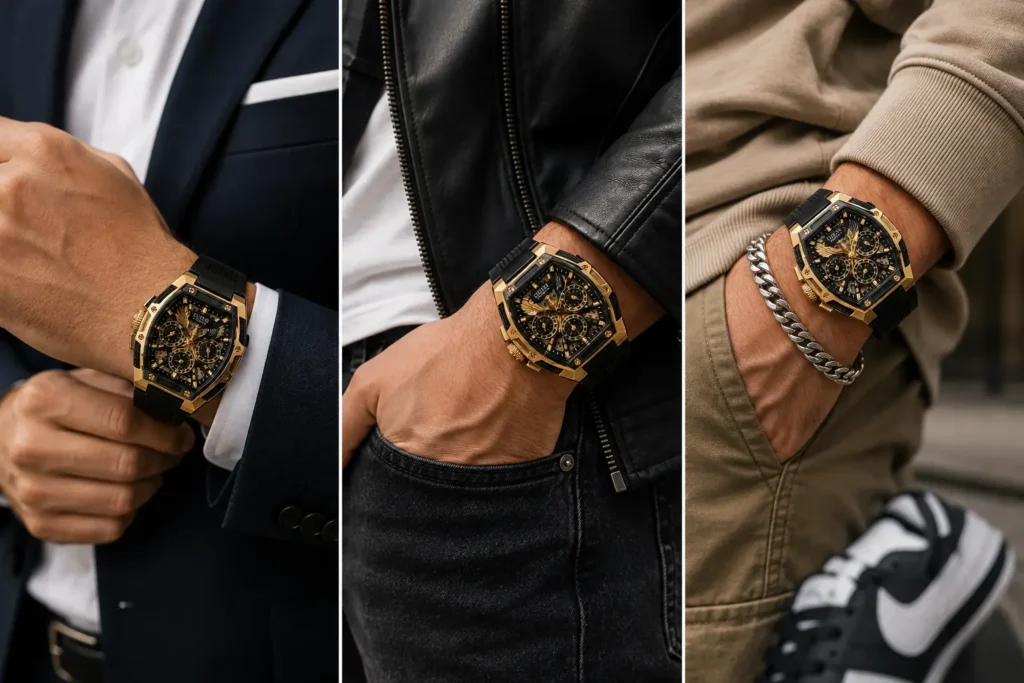 Guess Phoenix watch styled with formal, casual, and streetwear outfits