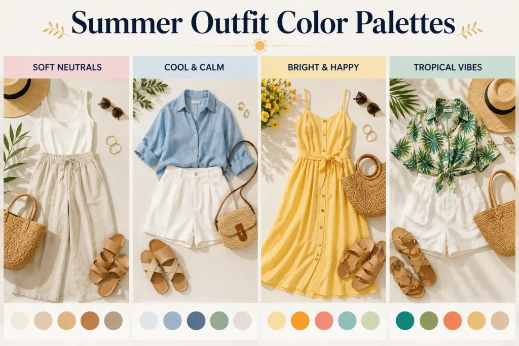 Summer outfit color palette featuring neutral, pastel, bright, and tropical-inspired clothing combinations with matching accessories.