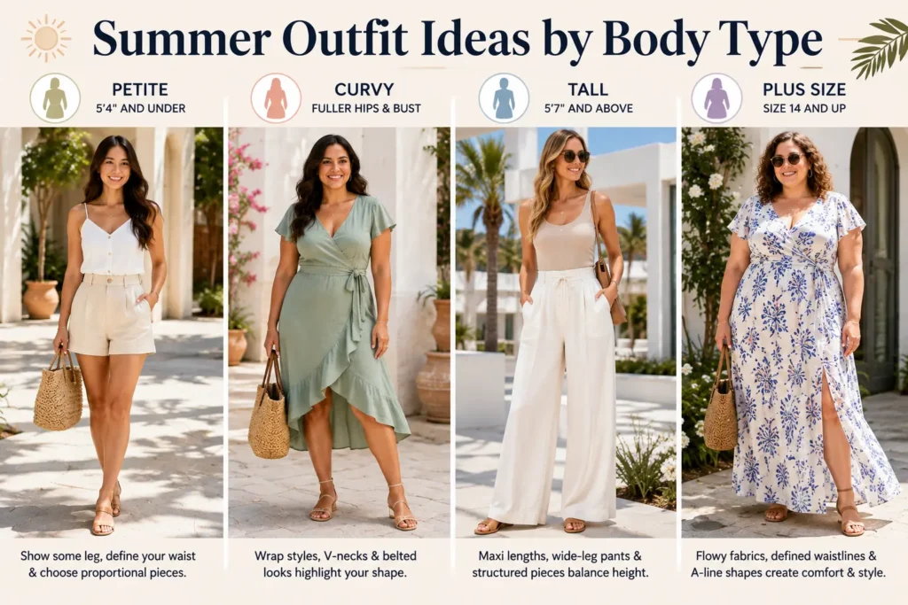 Fashion guide showing summer outfit ideas for petite, curvy, tall, and plus-size women with flattering styles for every body type.