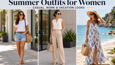 Stylish women wearing trendy summer outfits for casual days, office wear, and beach vacations, featuring lightweight dresses, linen sets, shorts, and comfortable accessories in bright outdoor settings.