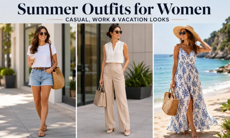 Stylish women wearing trendy summer outfits for casual days, office wear, and beach vacations, featuring lightweight dresses, linen sets, shorts, and comfortable accessories in bright outdoor settings.