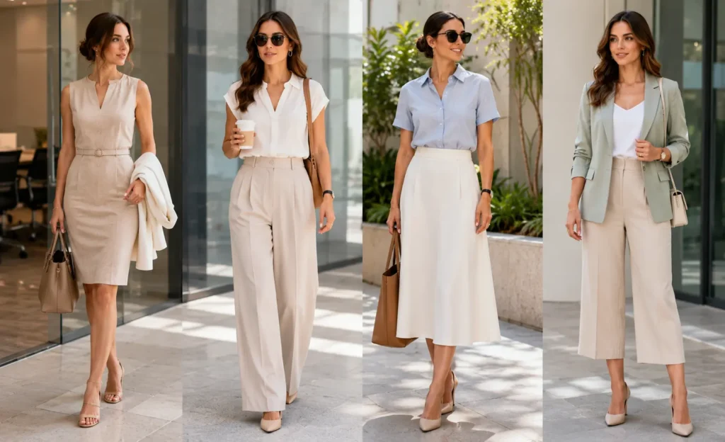 Stylish women wearing lightweight summer work outfits with tailored trousers, dresses, blazers, and neutral office wear in a modern business setting.