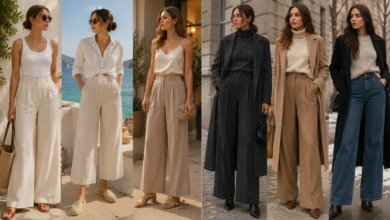 Summer vs. winter wide leg pants outfits featuring lightweight linen and sandals for warm weather and layered trousers with sweaters, coats, and ankle boots for cold weather.