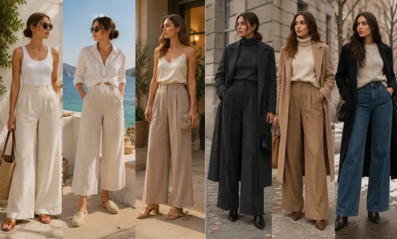 Summer vs. winter wide leg pants outfits featuring lightweight linen and sandals for warm weather and layered trousers with sweaters, coats, and ankle boots for cold weather.