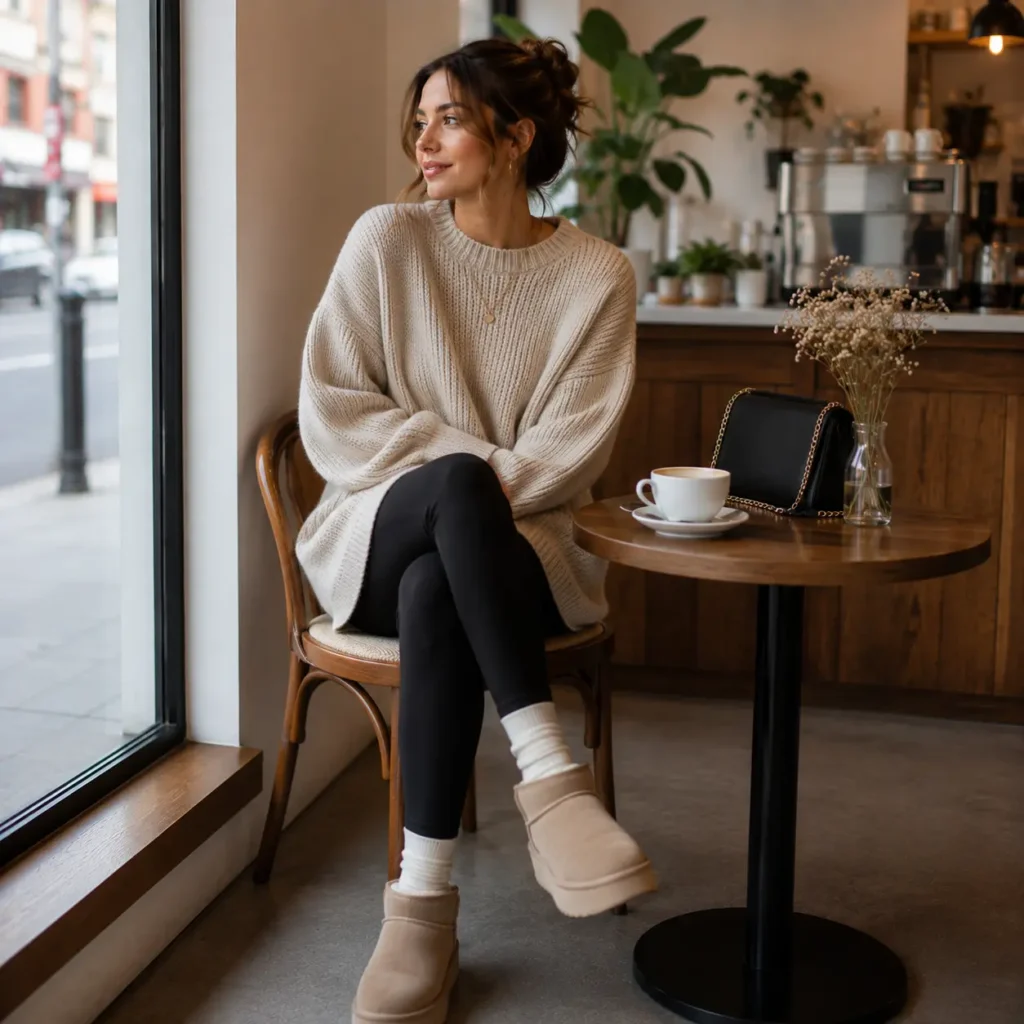 Cream sweater and mini skirt coffee date outfit with boots
