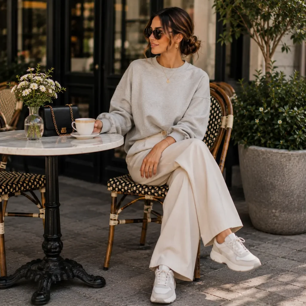 Woman wearing a sweatshirt with wide-leg trousers and sneakers at a stylish café