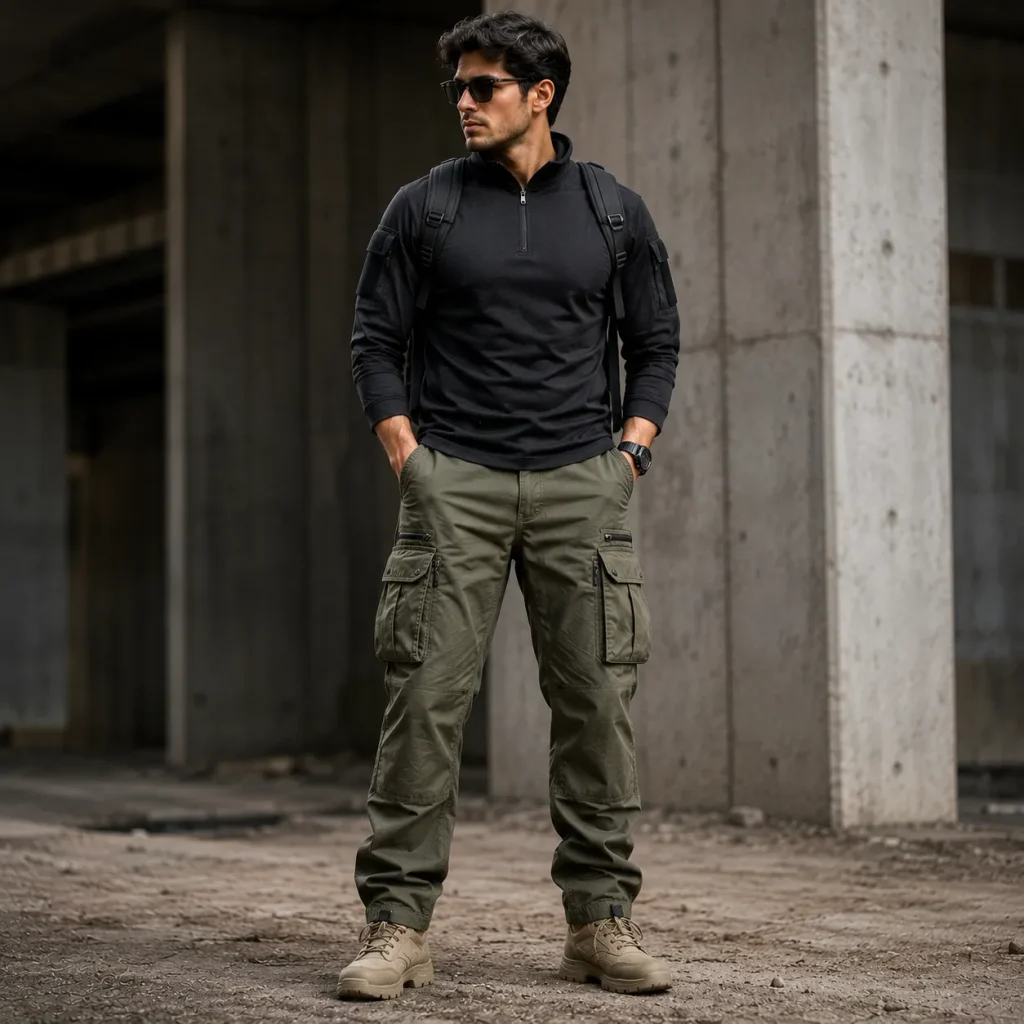 Young man wearing rugged olive tactical cargo pants, black top, backpack, sunglasses, and boots in an industrial setting.