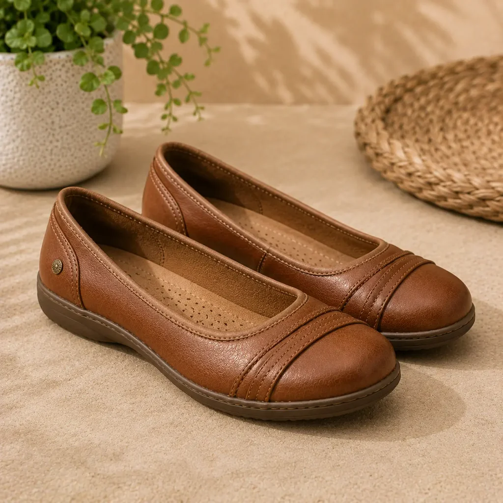 Taos Banter brown leather flat shoes for women with comfortable office-ready design