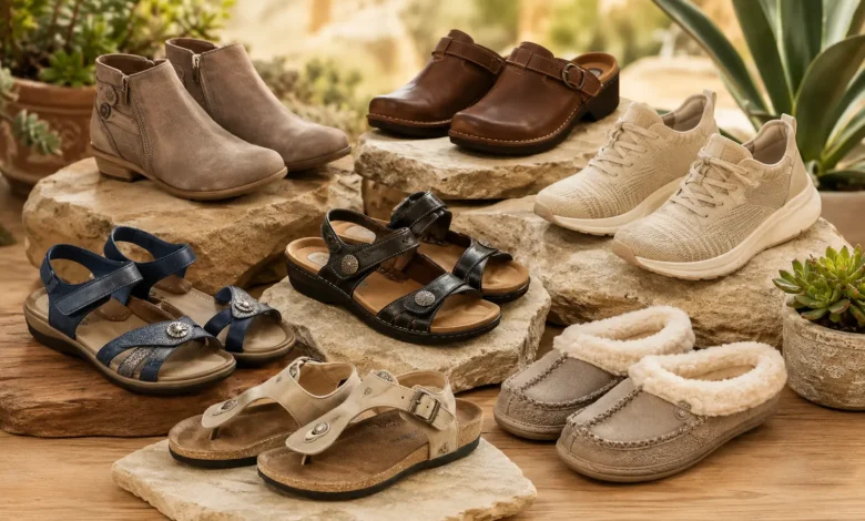 Taos footwear collection featuring comfortable women’s sneakers, sandals, boots, and slippers