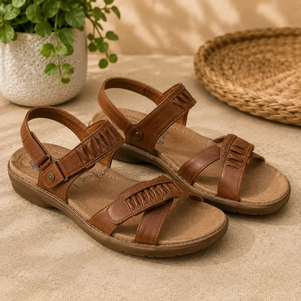 Taos Loop brown leather-wrapped comfort sandals for women with cushioned footbed