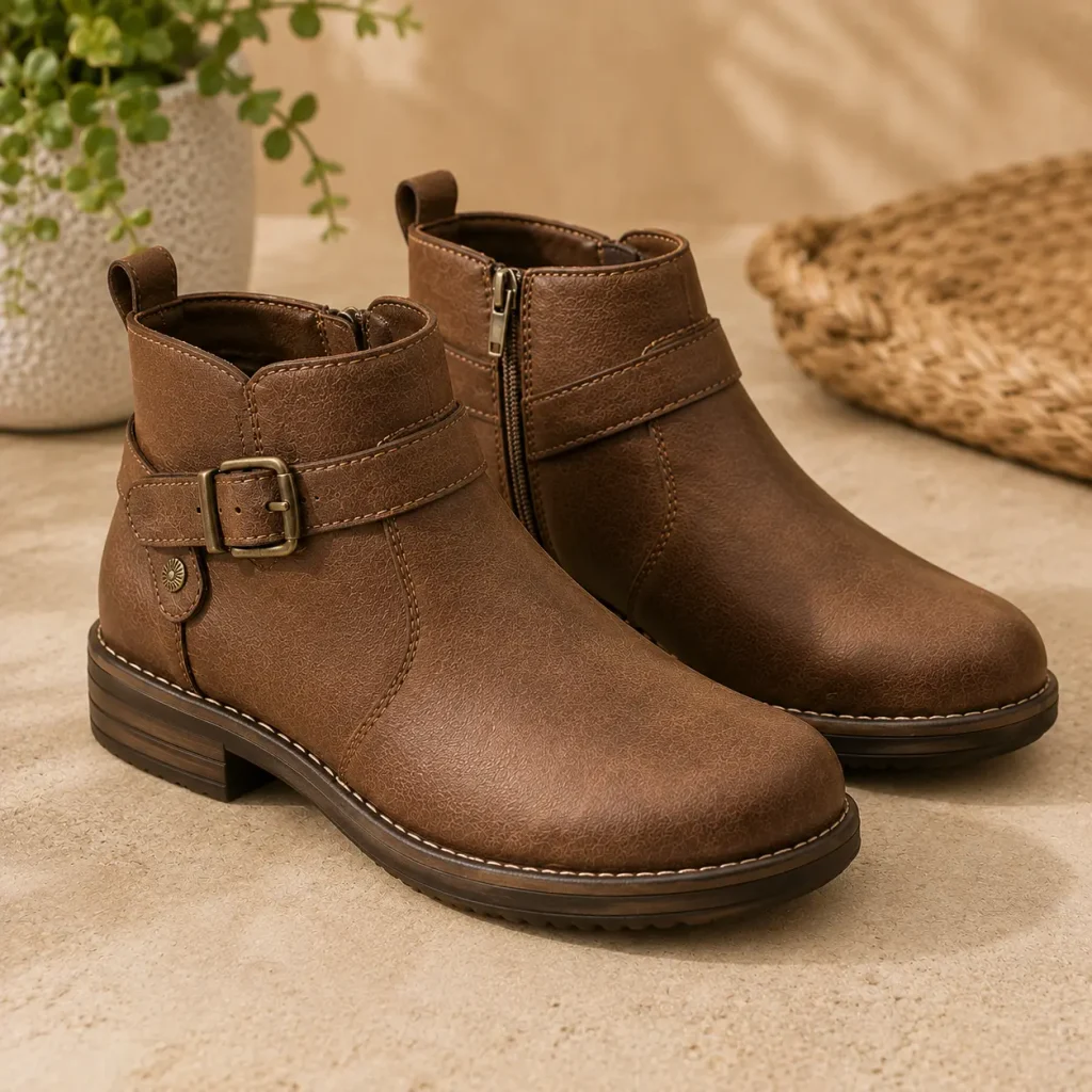Taos Mini Crave brown short-shaft ankle boots for women with supportive soles
