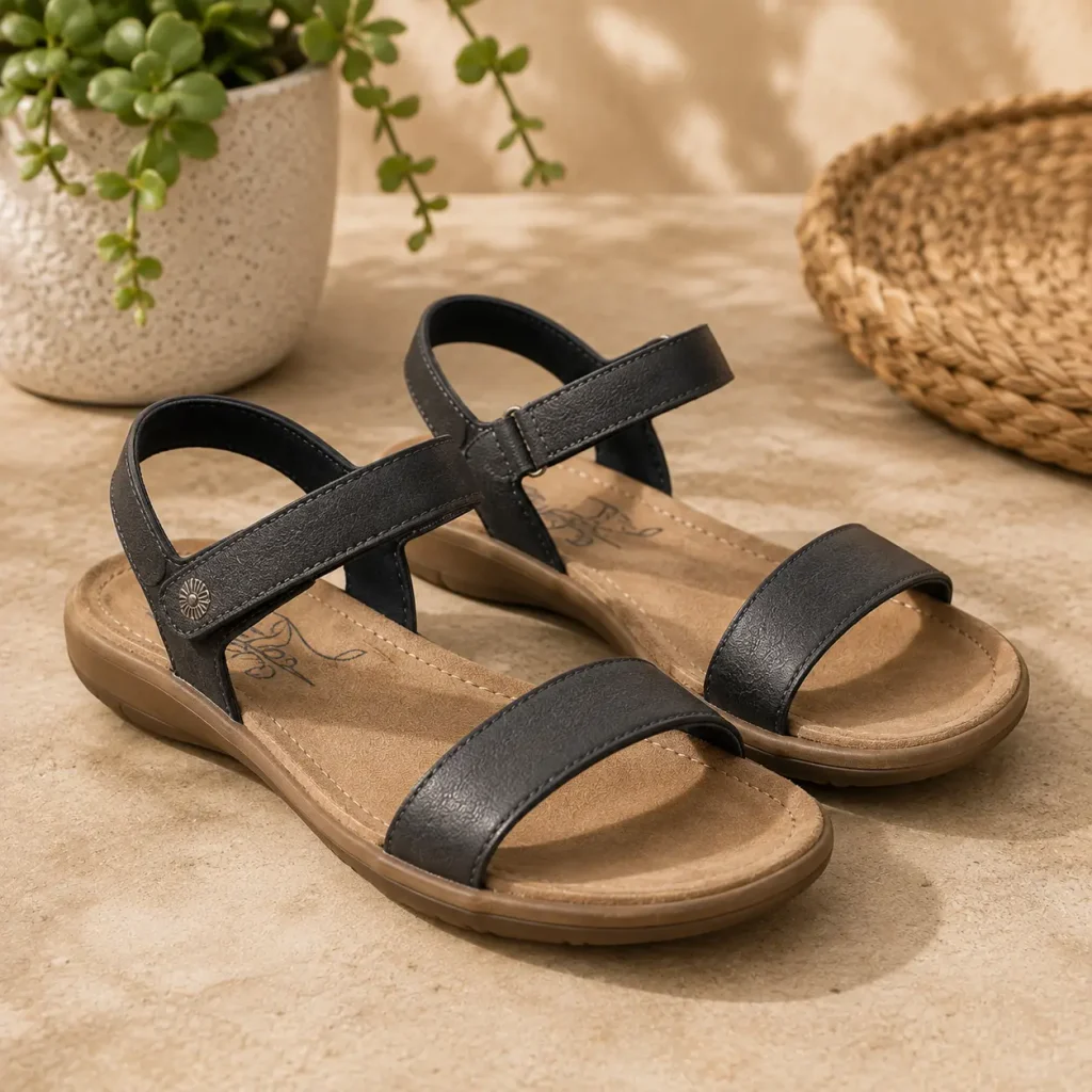 Taos Trulie minimalist everyday sandals for women in black with cushioned footbed