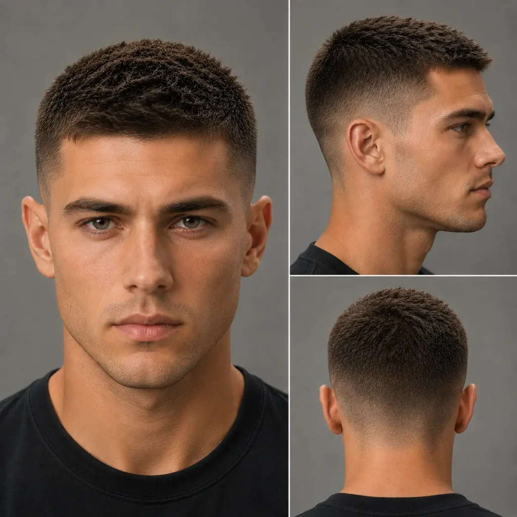 Textured buzz cut with short messy texture and faded sides for men