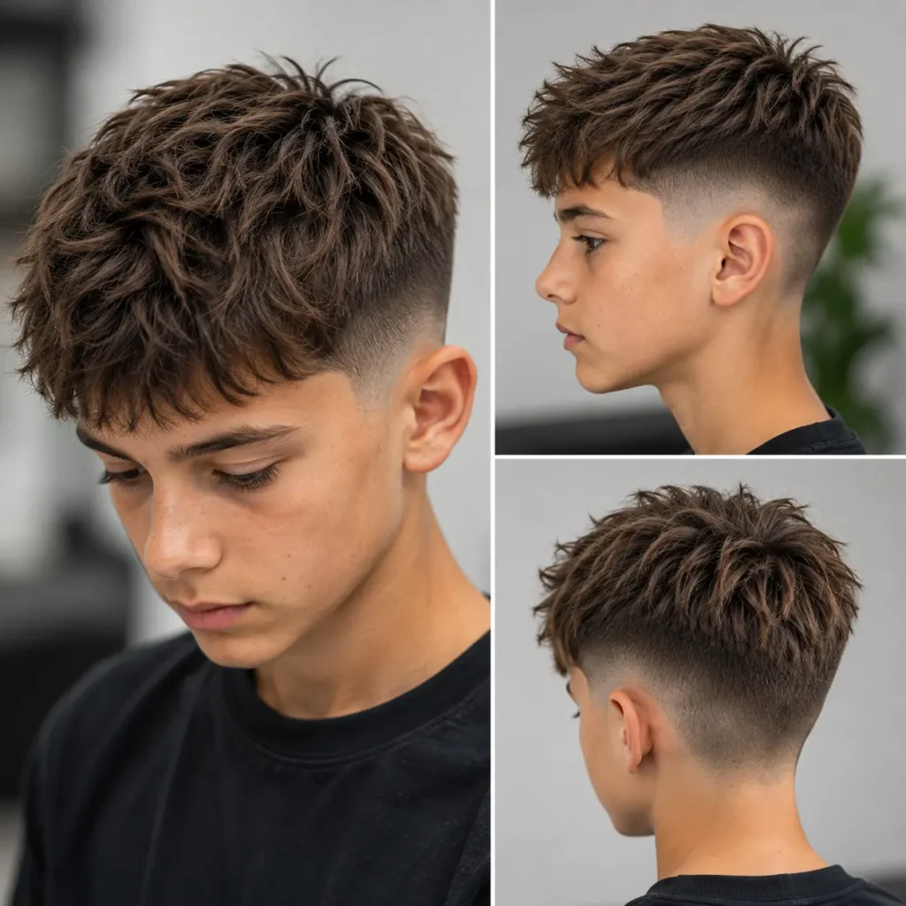 Modern textured crop haircut with layered top and faded sides