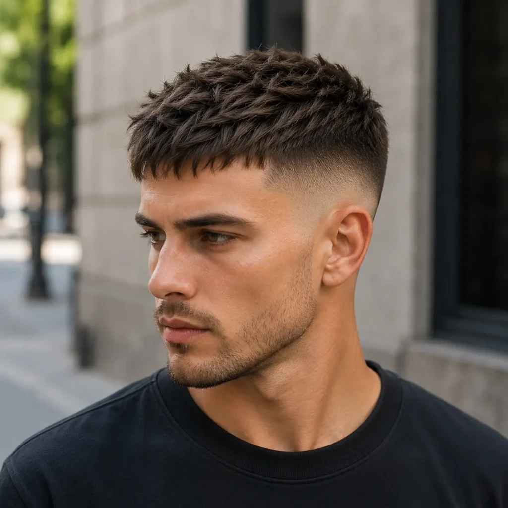 Young man with a textured crop and clean fade in an urban setting