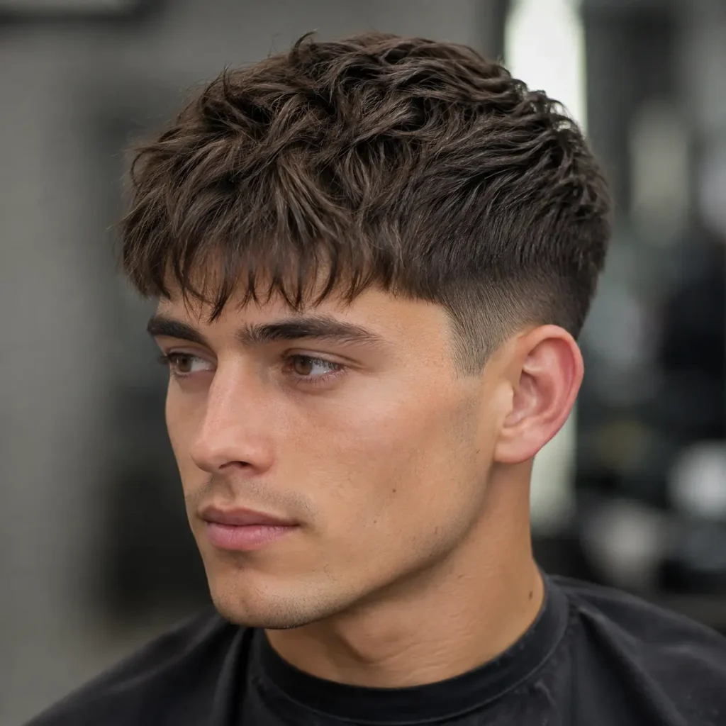 Textured fringe with taper haircut for men with oval faces