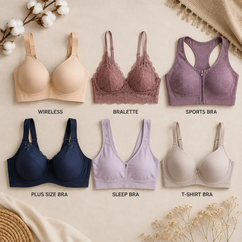Six types of bras including wireless, bralette, sports, plus size, sleep, and T-shirt bras