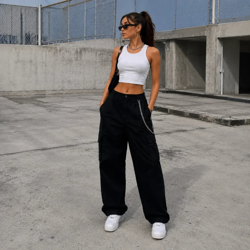Young woman wearing a white crop top, baggy black cargo pants, chain necklace, sunglasses, and sneakers in a 90s streetwear outfit.