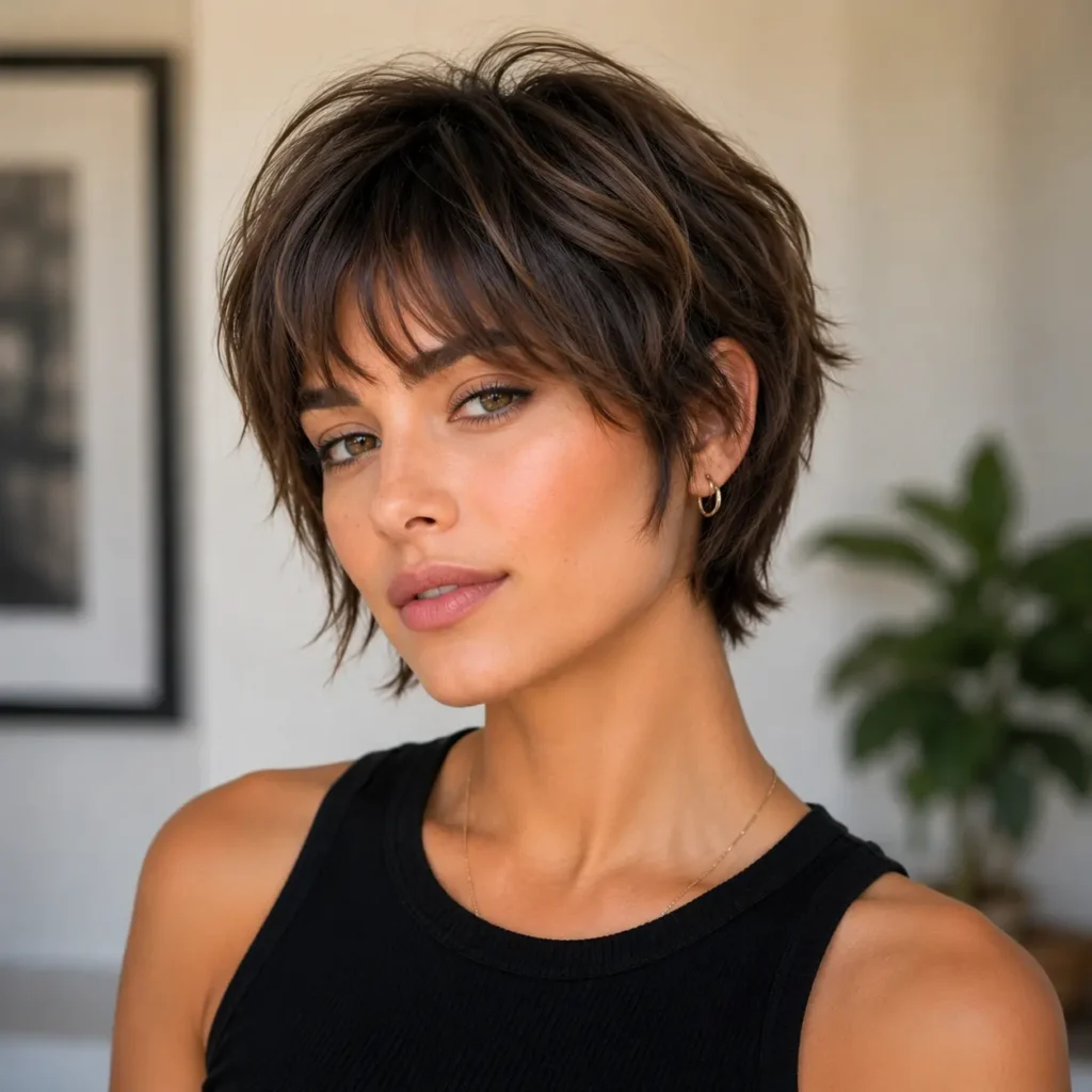 Woman wearing a textured bixie haircut combining a bob and pixie style