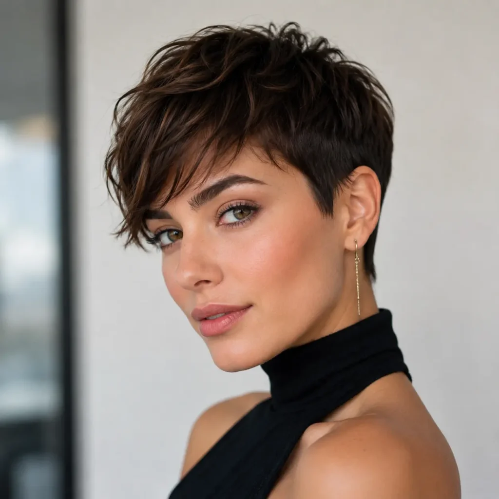 Woman with a classic pixie haircut styled with soft textured layers