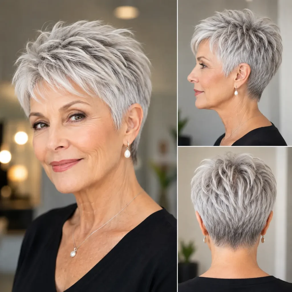 Silver classic pixie haircut for women over 60 with fine hair