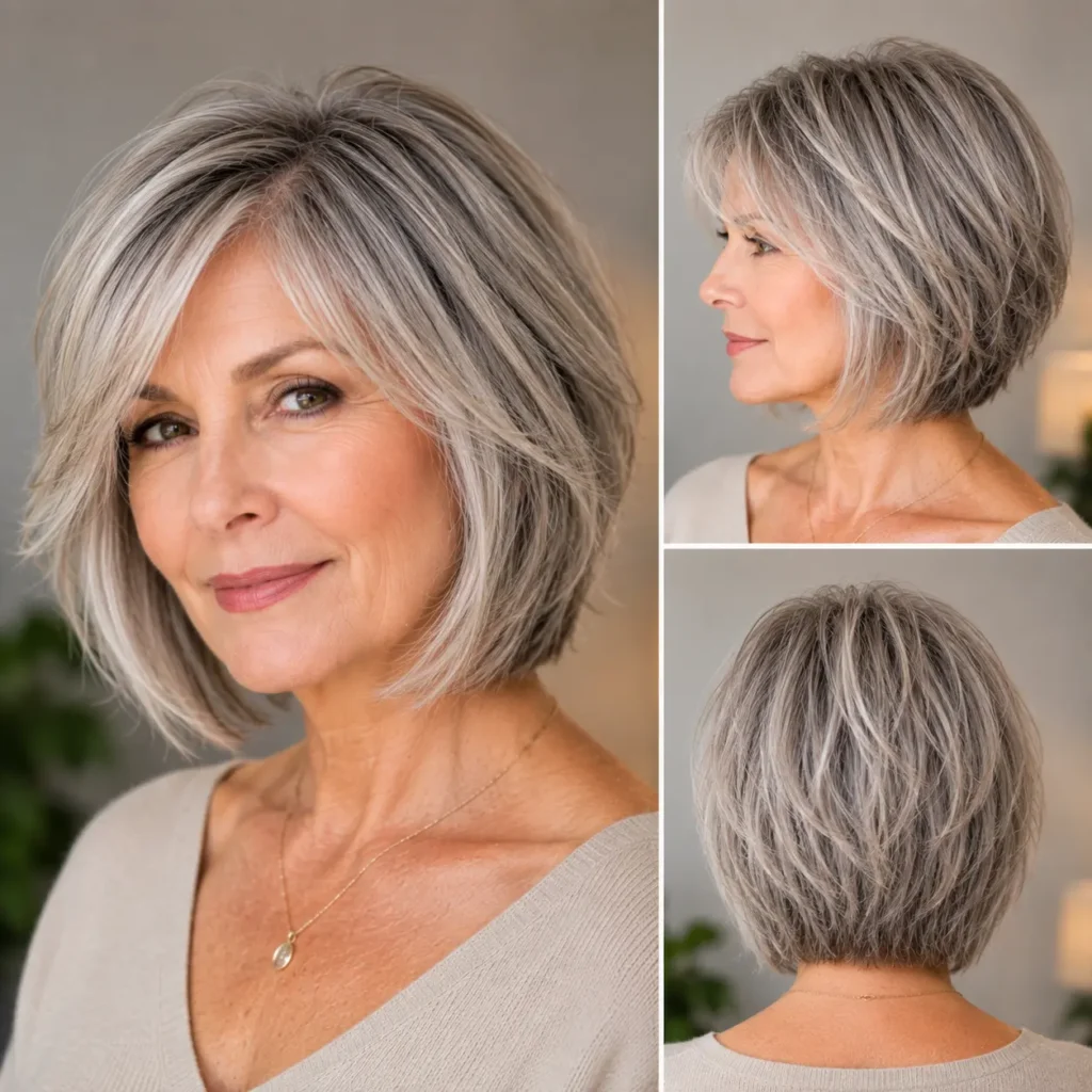 Cropped layered silver bob haircut for women over 60 with fine hair