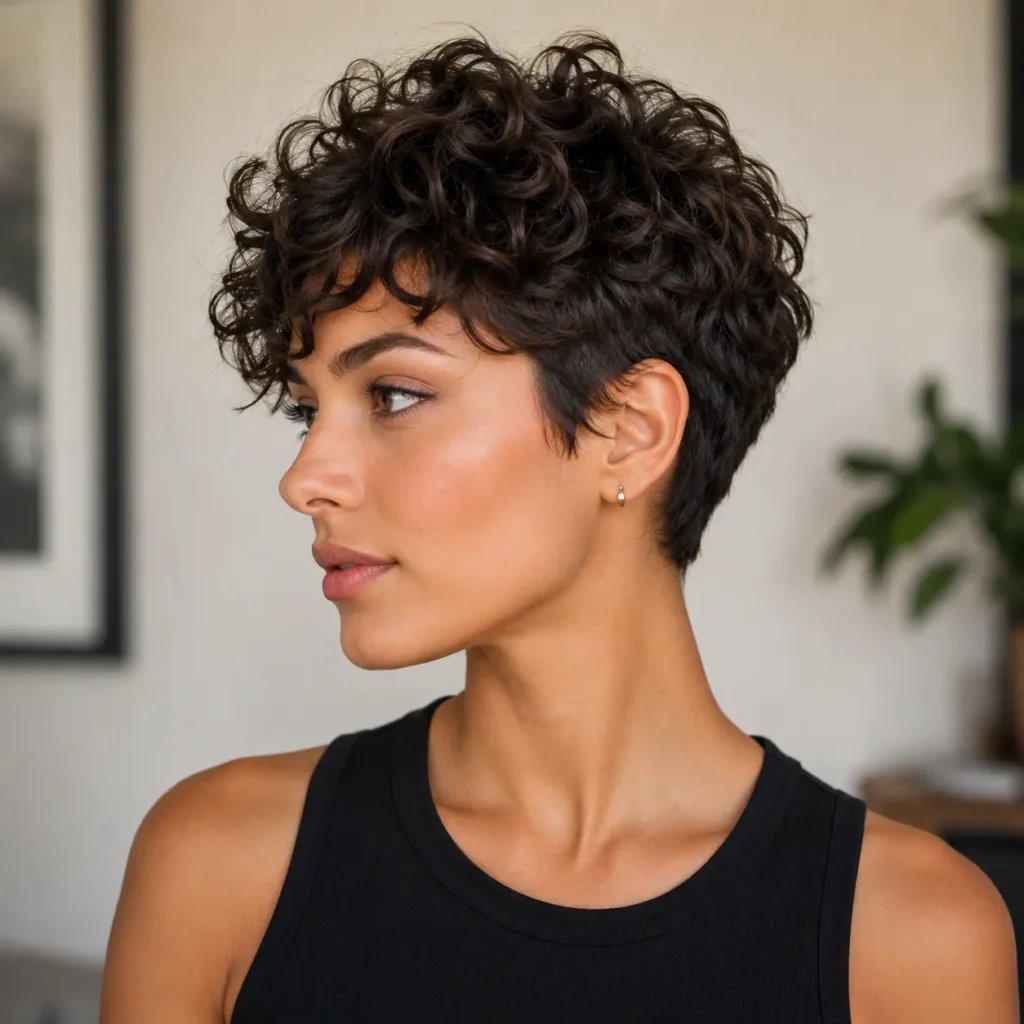 Woman with a short curly pixie haircut featuring defined natural curls