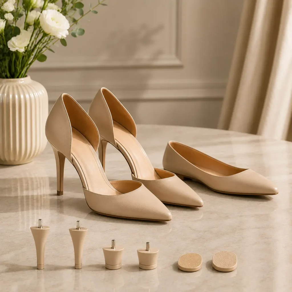 Nude D'Orsay convertible pumps displayed in heeled and flat styles with interchangeable heel components