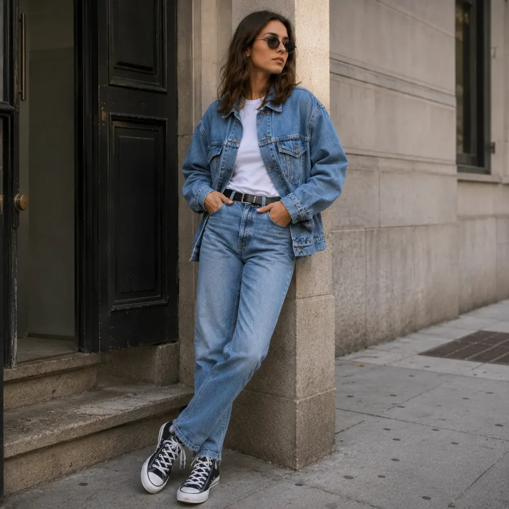 Young woman wearing a denim jacket, white tee, relaxed jeans, sunglasses, and sneakers in a classic 90s denim-on-denim outfit.