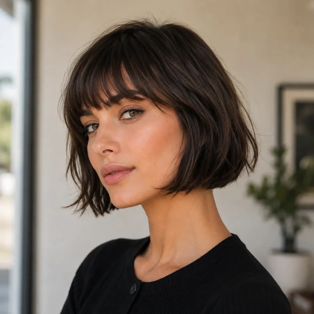 Woman with a chic French bob haircut and soft blunt bangs