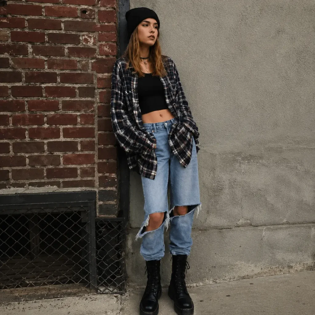 Young woman wearing a plaid flannel shirt, black crop top, ripped jeans, beanie, and combat boots in a 90s grunge outfit.