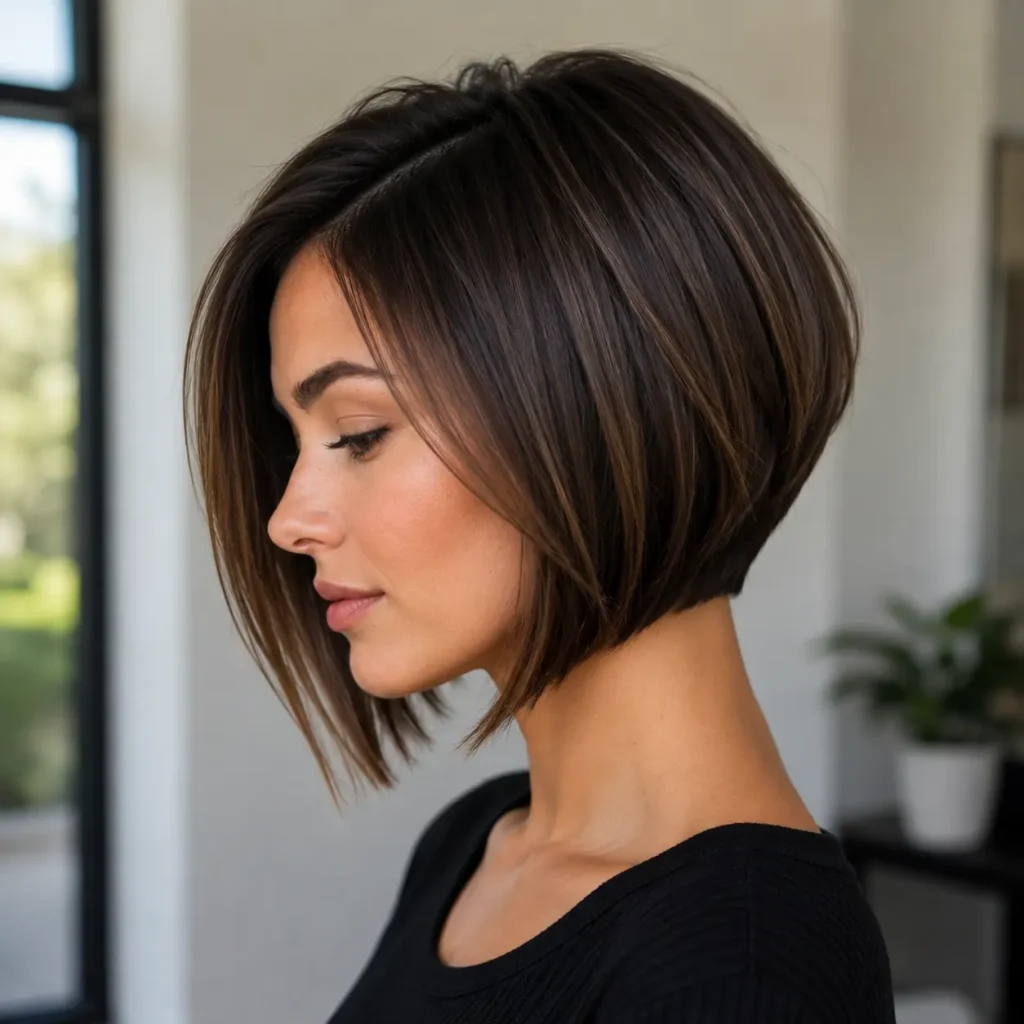 Woman with a sleek inverted bob haircut featuring shorter layers at the back