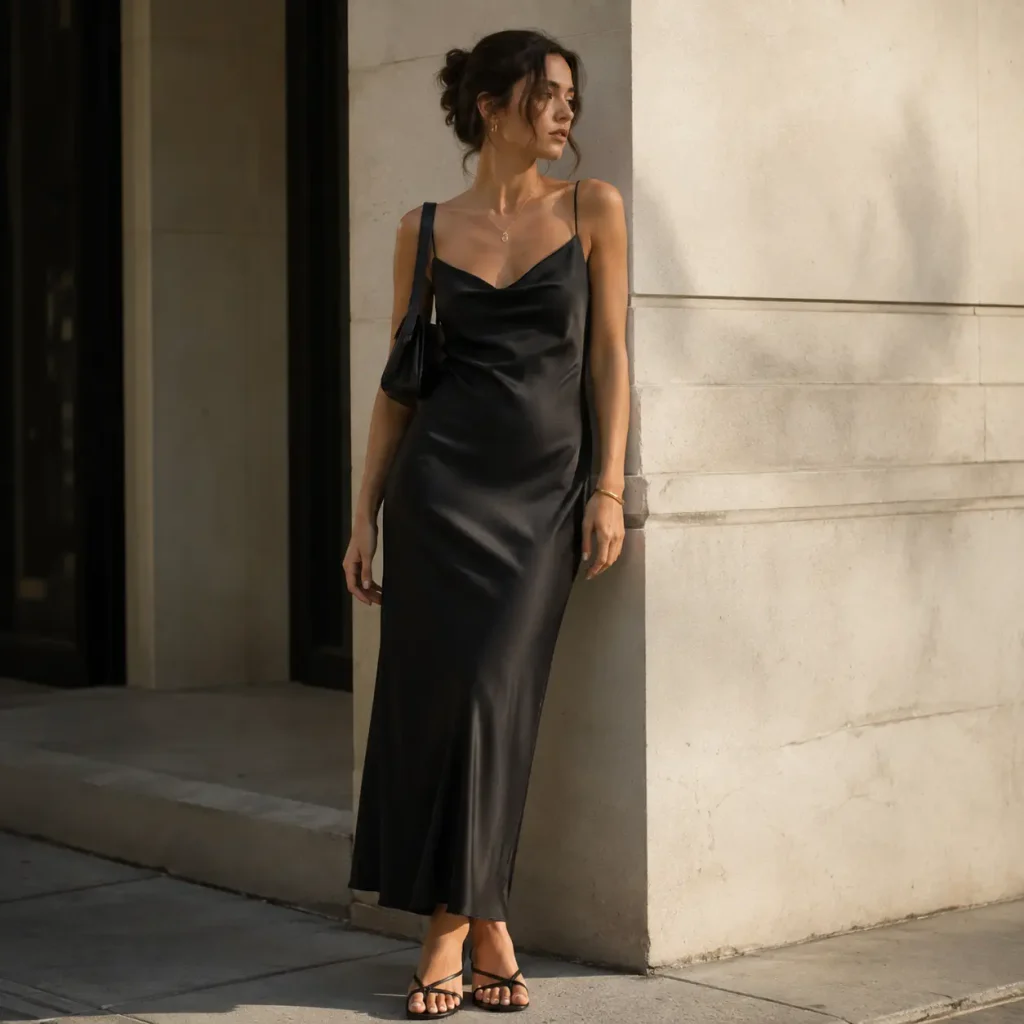 Young woman wearing a black satin slip dress with delicate gold jewelry and strappy sandals in a minimalist 90s-inspired look.