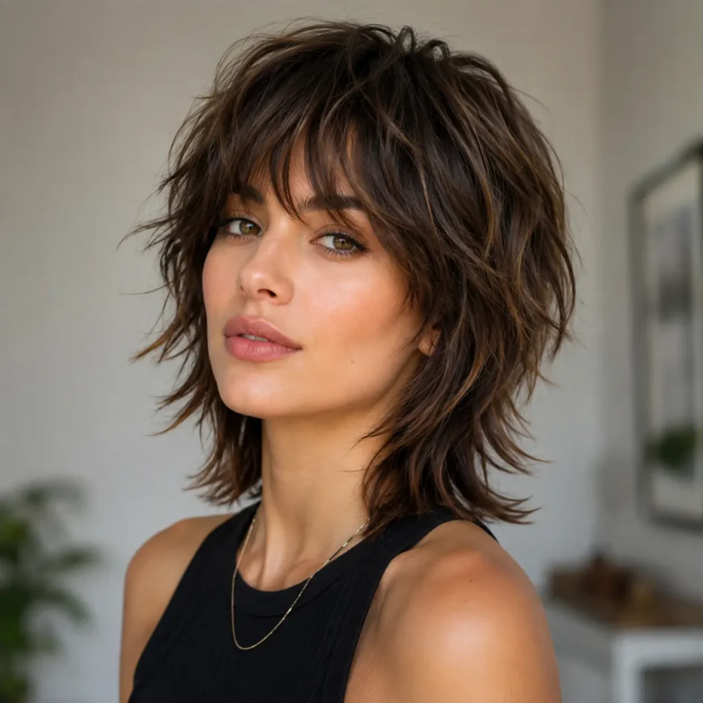 Woman wearing a modern shag haircut with tousled layered hair and bangs
