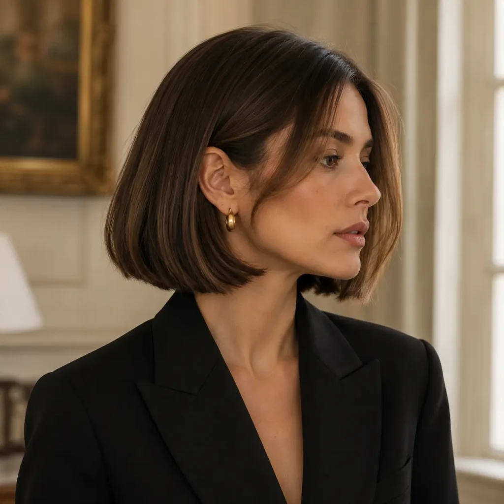 Old money bob hairstyle with sleek chin-length dark brown hair