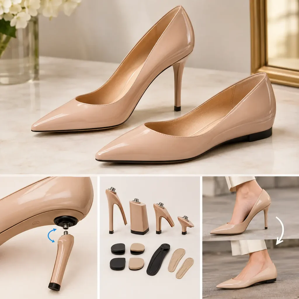 Nude Pashionista convertible heels shown in high and flat styles with interchangeable heel components and conversion mechanism.