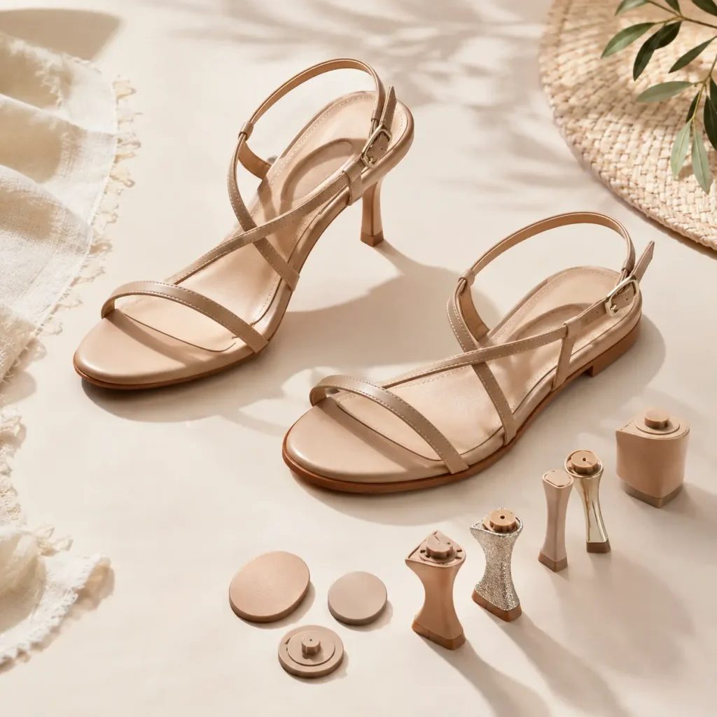 Everyday convertible sandals in heeled and flat styles with interchangeable heel components